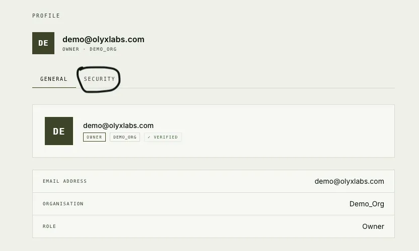 Profile page with the Security tab selected