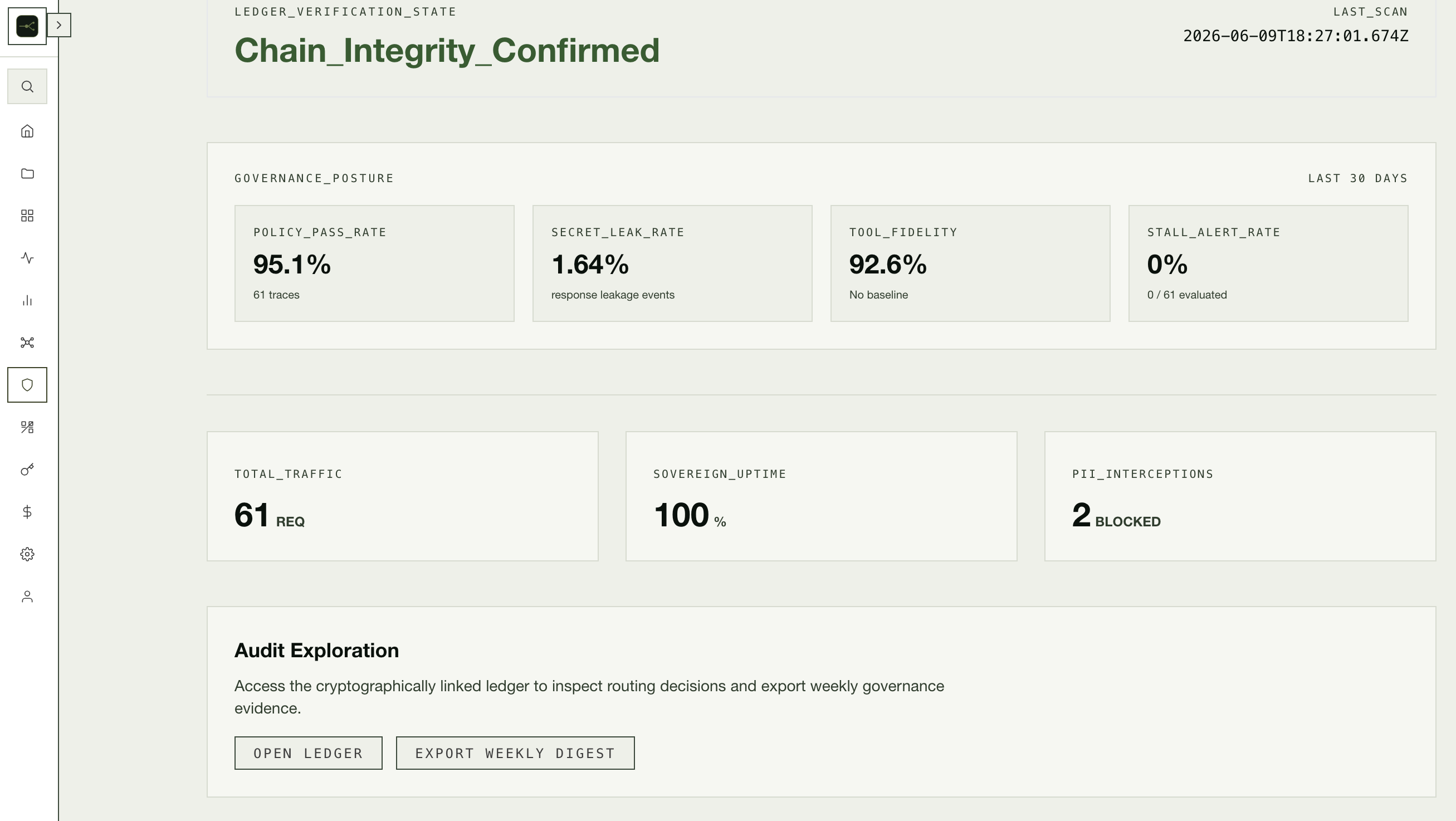 Olyx Governance Ledger — signed policy decisions and exportable audit trail